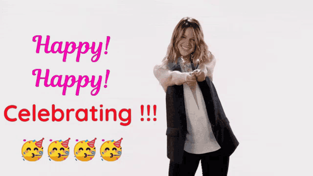 a woman giving a thumbs up in front of a sign that says happy happy celebrating