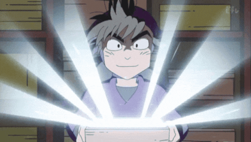 a cartoon character with a purple shirt and gray hair is holding a box