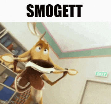 a cartoon deer is holding a spoon in its mouth and the word smogett is above it .