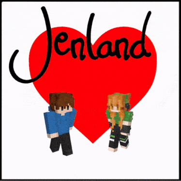 a couple of minecraft characters standing in front of a red heart with the word jenland written on it