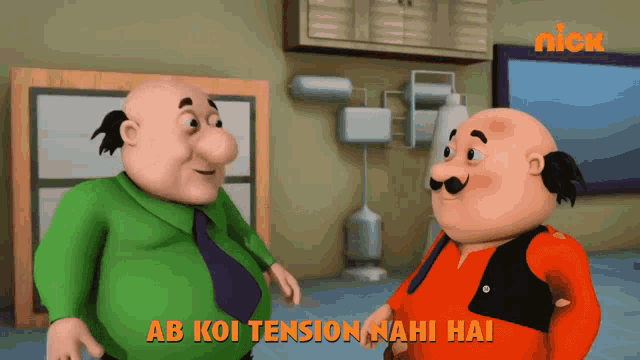 two cartoon characters are standing next to each other with the words ab koi tension nahi hai in the corner