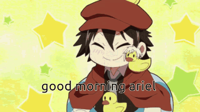 a boy with a rubber duck on his shoulder and the words good morning ariel on the bottom