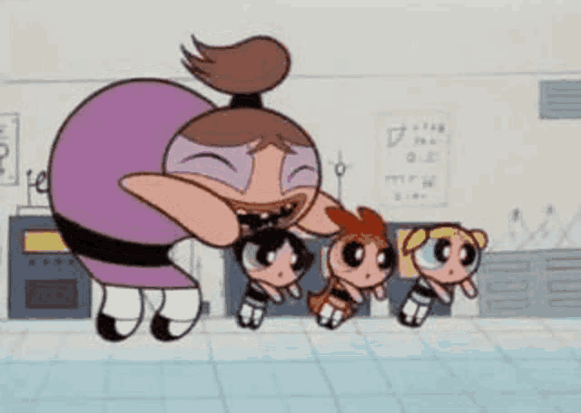 a group of cartoon characters are standing in a room .