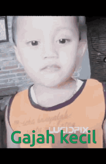 a young boy is wearing an orange tank top with the words gajah kecil written on it