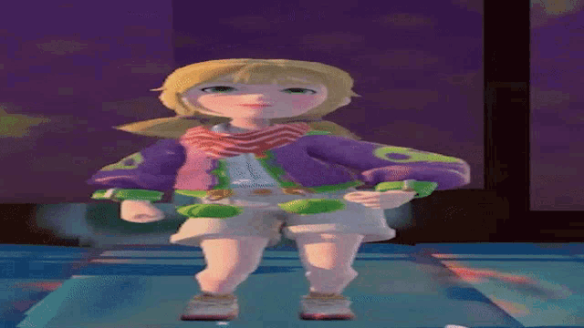 a girl with blonde hair is wearing a purple jacket