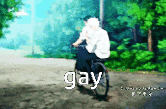 a pixelated image of two people riding a bike with the word gay written on it