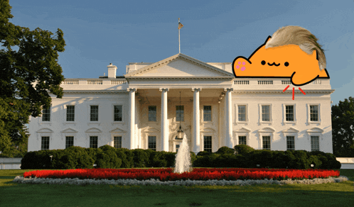 a white house with a cartoon of donald trump on top of it