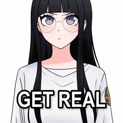 a girl with long black hair and glasses is crying with the words get real above her