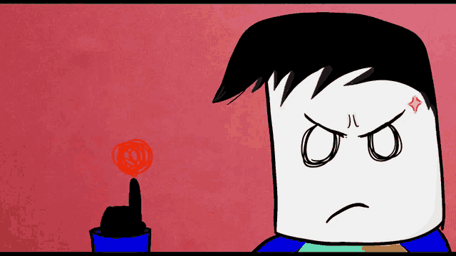 a cartoon character with an angry look on his face is pointing at a red circle