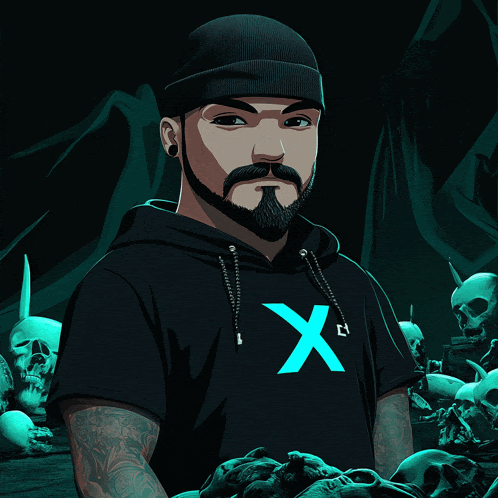 a man with a beard is wearing a black shirt with a blue x on it