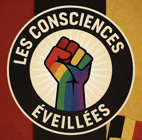 a rainbow fist in a circle with the words les consciences eveilles