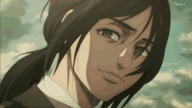 a close up of a person 's face with the letters nhkg on the bottom right
