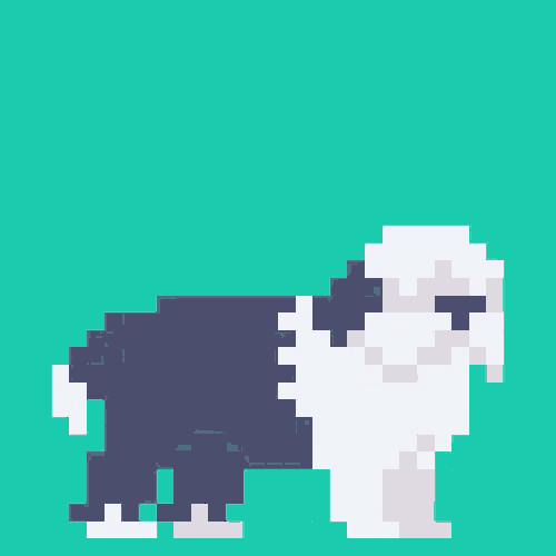 a pixel art illustration of a black and white dog standing on a green background .