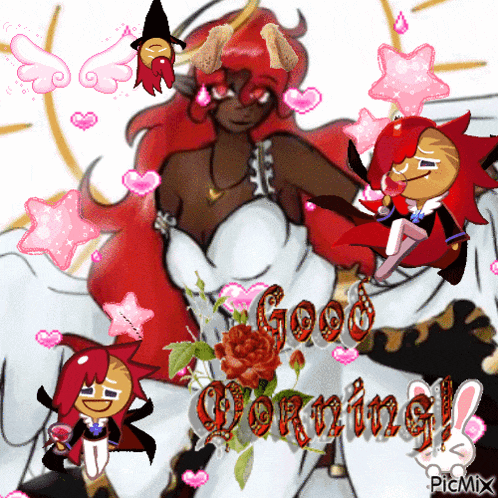 a picture of a cartoon character with the words " good morning " on it
