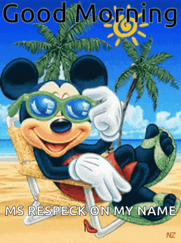 a cartoon of mickey mouse laying in a chair on the beach
