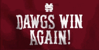 a sign that says " dawgs win again " on a red background