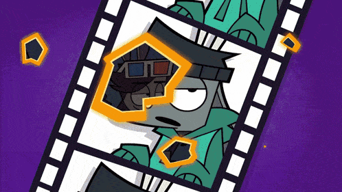 a picture of a cartoon character wearing 3d glasses on a film strip
