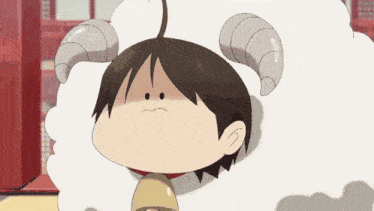 a cartoon character is wearing a white sheep costume