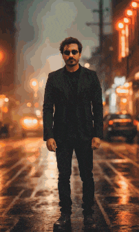 a man wearing sunglasses and a black jacket stands on a wet street