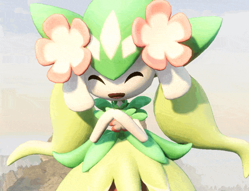 a green and white cartoon character with pink flowers in her hair