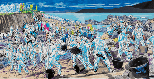 a painting of a group of people on a beach with the year 1989