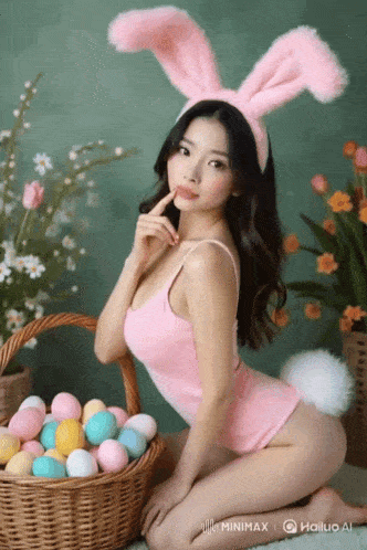 a woman in a bunny costume is kneeling next to a basket of easter eggs