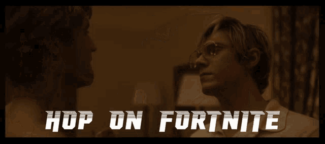 a picture of two people kissing with the words hop on fortnite below them