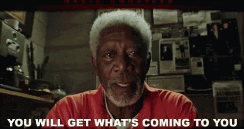 a man in an orange shirt says " you will get what 's coming to you " in front of him