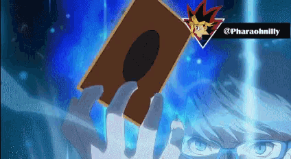 a pixel art of a person holding a card with a pharaohnilly logo