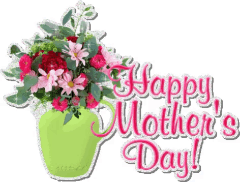 a green vase filled with pink flowers and the words `` happy mother 's day ''