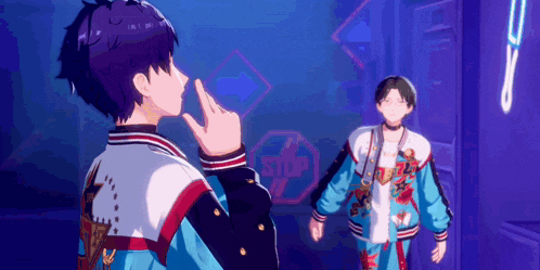 two anime characters are standing next to each other in front of a stop sign