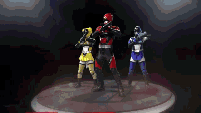 a group of power rangers are standing on a podium