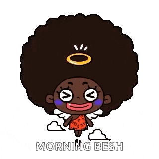 a cartoon character with a large afro and angel wings says morning besh
