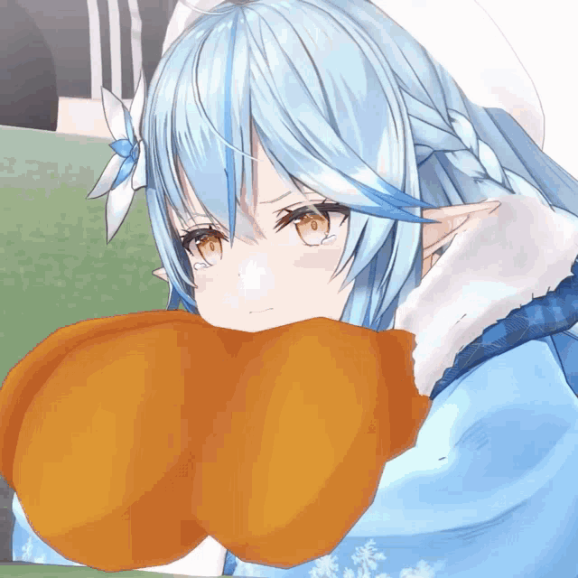 a close up of a blue haired anime girl holding a large orange object