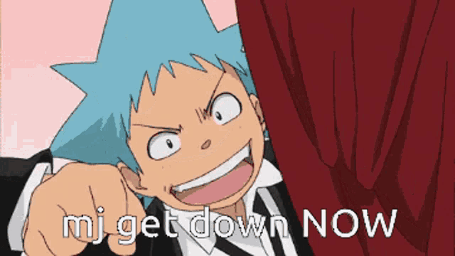 a cartoon character pointing at someone with the words " mj get down now "