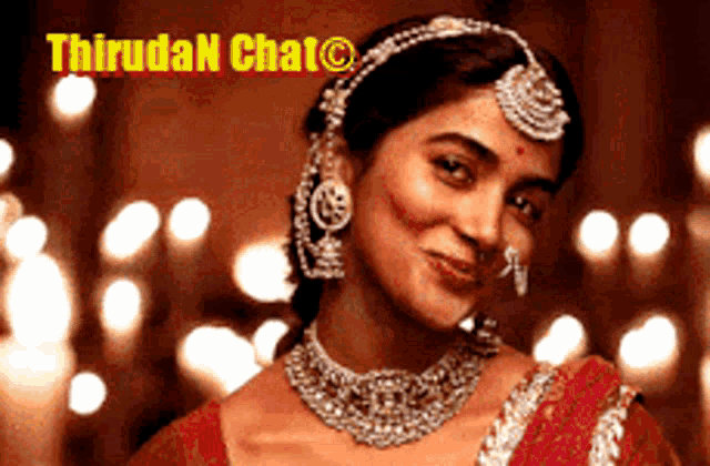 a woman wearing a necklace and a maang tikka smiles in front of a blurred background and the words thiruda chat