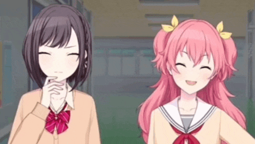 two anime girls are standing next to each other in a hallway and smiling .