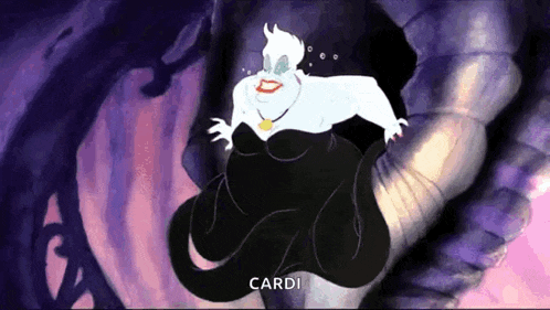 a cartoon character from the little mermaid is being held by a hand and says cardi .