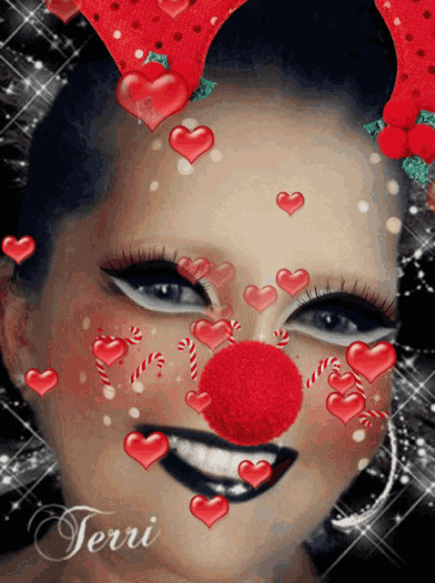 a woman with hearts and candy canes on her face and the name terri