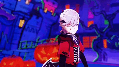 a girl in a skeleton costume is standing next to pumpkins