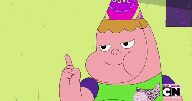 a cartoon character is wearing a pink party hat that says june on it