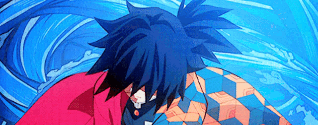 a close up of a person 's head with blue hair and a red jacket .