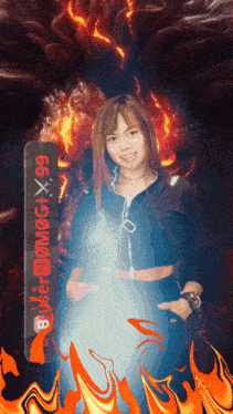 a girl is standing in front of a fire and a sign that says b user @mogtx 99