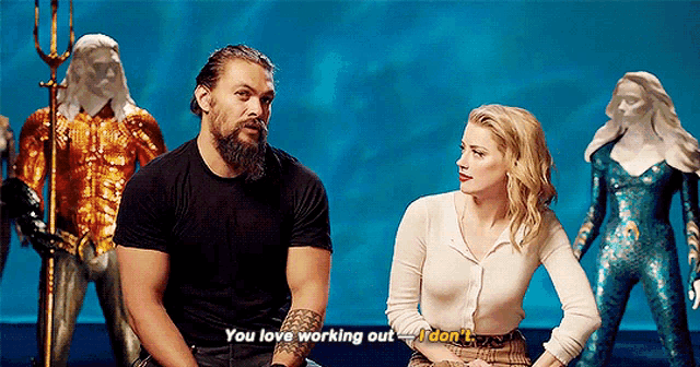 a man and a woman are sitting next to each other and the woman is saying `` you love working out i don t '' .