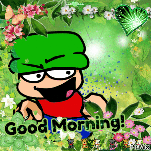 a cartoon character with a green hat is surrounded by flowers and leaves and says good morning