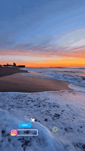 a screen shot of a beach with a follow button on it