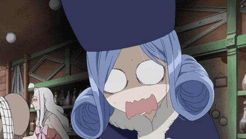 a cartoon character with blue hair and a blue hat making a surprised face