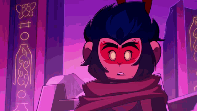 a cartoon monkey with a scarf around his neck is standing in front of a purple wall