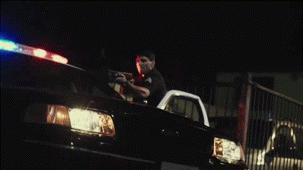 a police officer is standing in the back of a police car at night