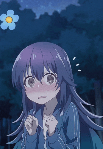 a girl with purple hair is looking up at a flower